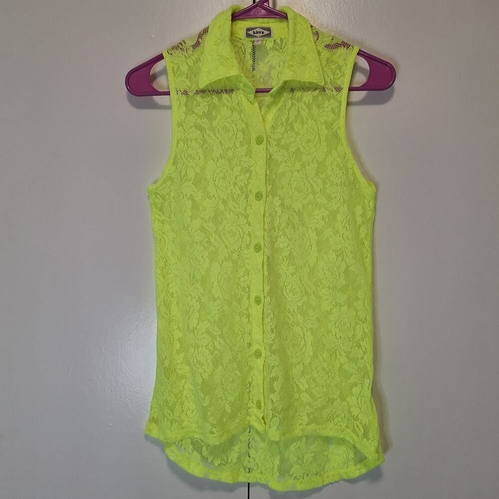 Kirra Neon Yellow Lace Sleeveless Button Up Collared Tank Top